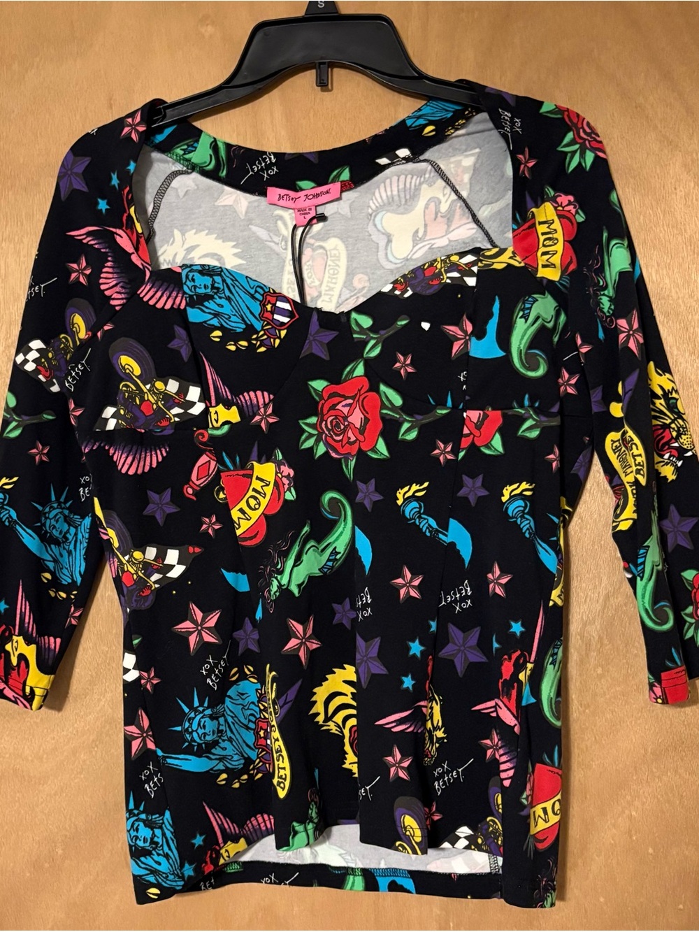 Betsey Johnson corset raglan Multicolor Tattoo-Inspired Print top L NWT